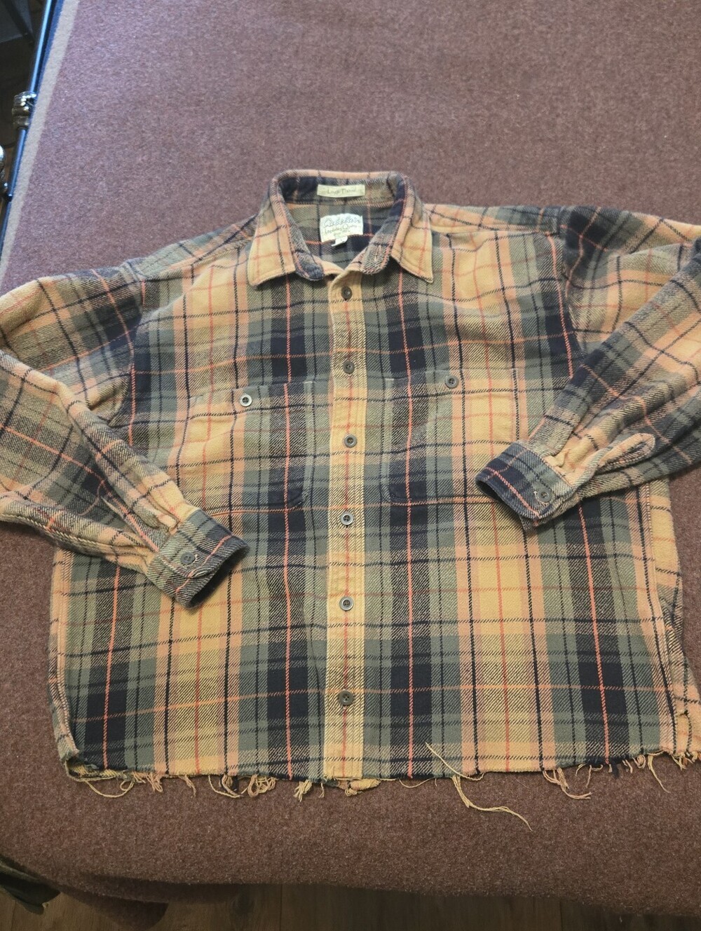 Vintage 90s Cabela's Logger Flannel Shacket Size Large Raw Hem Small Hole